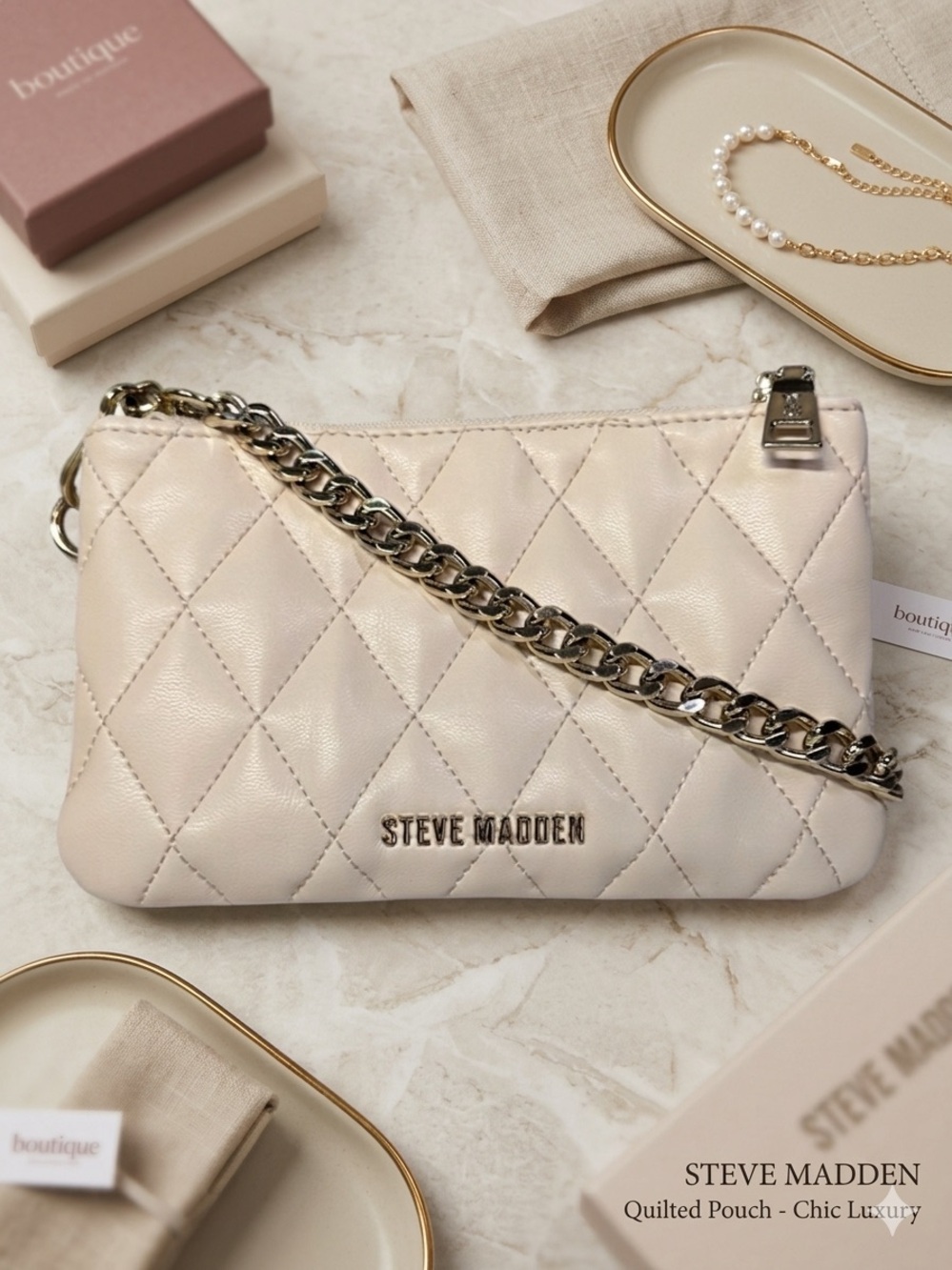 Steve Madden Quilted Chain Crossbody Bag - Cream / Off-White